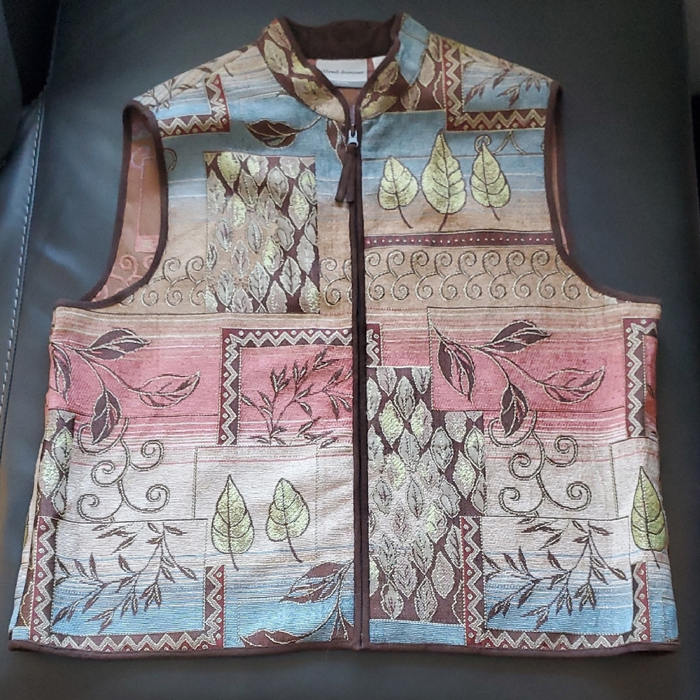 ALFRED DUNNER CIDER HOUSE Tapestry ZIP VEST Colorful Leaf Pattern 16 P Petite - Picture 1 of 5